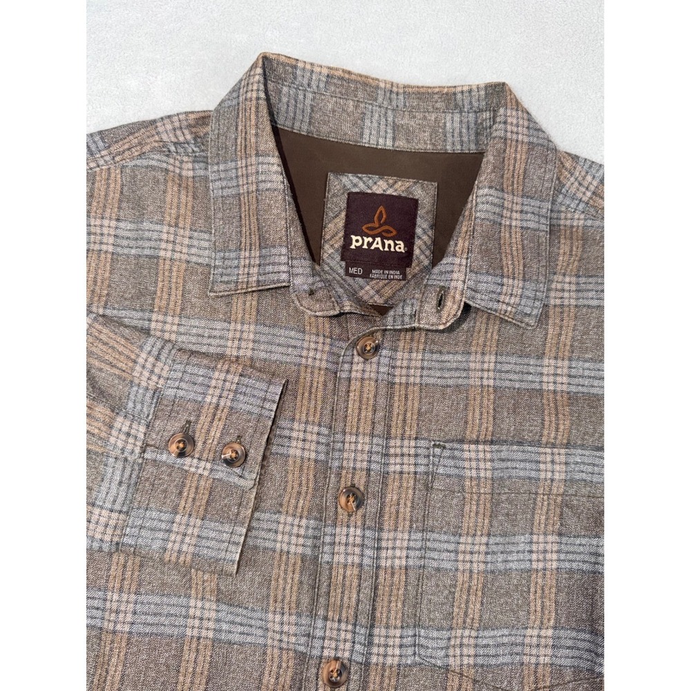 Prana Mens Medium Brown Grey Plaid Flannel Button Down Long Sleeve Shirt Pocket